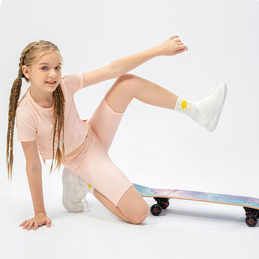 Kids 2 pieces activewear shorts sleeve & yoga top is made from breathable and flexible materials that provides comfort to enable kids to enjoy playing and be active.